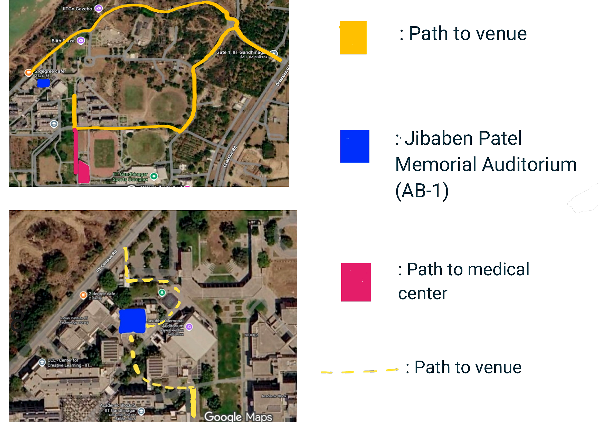 Campus map showing the route from Gate 1 to Jibaben Auditorium and the route to the Medical Center.